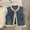 Colete Jeans Patchwork de Renda Crochê Moda Nova Primavera/Verão 2026 para Mulheres, Jaqueta Top Solta sem Mangas, Tendência