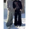 Jeans Reto Lavado Tendência Retro Americano com Bordado de Cachorro para Homens e Mulheres, Calças Vintage Soltas de Perna Larga Comprimento Total para Primavera e Outono
