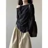 Camiseta de Manga Larga para Mujer con un Diseño Único, Estilo Hong Kong, Top sin Hombros, Capa Base Versátil, Corte Holgado, Color Sólido, Adelgazante y Ligero