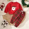 Conjunto de Duas Peças com Moletom de Manga Longa Infantil Aplique do Papai Noel Calças Jogger Xadrez Vermelho Fabricante Direto Conjunto Casual para Meninas