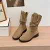 Botas Femininas 2026 Coleção Outono Nova: botas de tornozelo estilo cowboy, com salto grosso, camurça, plissadas, botas retrô de cano justo e botas com salto plataforma