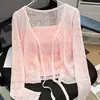 Cardigan de Punto Delgado con Cordones Color Menta Mambo, Protector Solar, Tirantes, Corte Calado, Top Dulce con Tira tipo Chal para Mujer