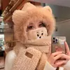 Chapéu e cachecol de pelúcia de urso fofo integrados com uma máscara, chapéu quente forrado com fleece para mulheres, chapéu à prova de frio para proteção auricular para ciclismo no outono e inverno, moderno