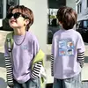 Camiseta de manga comprida 100% algodão para meninos, moda primavera e outono, blusa básica listrada patchwork soltinha da moda para crianças mais velhas
