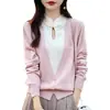 Suéter retro de manga larga de dos piezas a juego con colores falsos para mujer, novedad de primavera 2024, top de diseño calado con cuello alto, moda