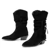 Botas de moda con tacón cuadrado para otoño e invierno, botas altas transfronterizas de punta fina, zapatos ligeros de tacón alto sin cordones de color liso, botas versátiles de talla grande para mujer
