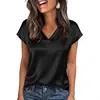 Camiseta de Satén para Mujer Primavera y Verano Amazon Nuevo Color Sólido Europeo y Americano Negocios Cuello en V Casual Suéter Superior para Mujer