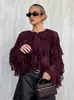 Blusa de Gasa Elegante Color Borgoña con Cuello Redondo y Volantes Estilo Retro Francés para Mujer Diseño Primavera 2026
