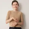 Estilo clássico minimalista, suéter 100% cashmere puro, feminino, gola redonda, manga curta, caimento solto, peça de tricô versátil, perfeita como camada base
