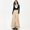 Calça Casual Khaki com Forro de Fleece Estilo Preguiçoso para Mulheres Início do Outono Cintura Alta Solta Perna Larga Comprimento Total e Comprimento Estendido
