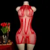 Bodysuit de Peixe em Renda com Strass Brilhante Estilo Natalino Transfronteiriço Vermelho Erótico com Recortes Sexy Peça Única Lingerie Pijama
