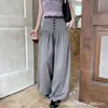 Pantalones tipo linterna grises abotonados para mujer, nuevo estilo otoño 2026, petite, holgados, relajados, pantalones de pierna ancha plisados