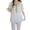 Pijama de algodón y seda para mujer de primavera y verano, corte holgado con cuello de corbata, múltiples estampados, uso versátil, conjunto de manga corta y pantalón largo, ropa para el hogar