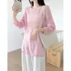 Top de punto Tencel rosa claro para mujer, nuevo modelo de principios de otoño 2026, cuello redondo, calado, fresco y protector solar, top fino de manga larga