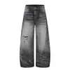 Jeans lavados desgastados rotos con dobladillo curvo para hombre, corte holgado, estilo de alta calle americano, pantalones casuales anchos deslavados y dañados