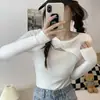 Camisa base de malha vazada para mulheres, primavera e outono, suéter pullover justo, modelagem slim, top de manga comprida, tamanho único, estilo europeu e americano