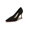 Sapatos femininos 9169C de camurça, bico fino e decotados, design liso, saltos finos, solas vermelhas, salto alto, versáteis para o dia a dia