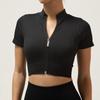 Top de Yoga de Canalé de Manga Corta de Verano con Cremallera, Chaqueta Transpirable para Correr, Ropa de Yoga de Cuello Alto, Ropa Deportiva de Manga Corta para Mujer
