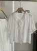 Camisa V-Neck Ruffle com Cadarço Kekezoon para Mulheres, Solta e Versátil, Design Plissado, Manga Curta em Cor Lisa 7862