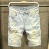 Sanlidai Pantalones Cortos de Mezclilla Desgarrados de Verano de Color Claro para Hombre Pantalones Sueltos de Cinco Puntos para Hombre Marca de Moda Estilo K Pantalones Cortos
