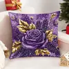 Funda de Almohada Navideña Ciervo Dorado con Flores Moradas 2026 Decoración del Hogar Funda para Cojín de Sofá En Stock Exportación Transfronteriza