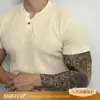 Camiseta de Manga Curta Masculina de Verão Waffles Base Interna Gola Henry Qian Feng Antigo Camisa Polo Americana Vintage Fofa Bonita