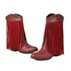 Botas de cuero ligeras de otoño e invierno hasta la mitad de la pantorrilla, versátiles con suelas de goma, antideslizantes, de tacón alto, con borlas, punta redonda, talla grande, color liso, tacón cuadrado