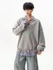 Suéter de punto falso de dos piezas, unisex, estilo otoño, marca trendy americana, suéter con cuello Henley, retro, corte holgado, top de punto casual, gris