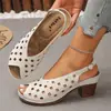 Sapatos Europeus e Americanos Transfronteiriços Comércio Exterior Europeu e Americano Sapatinhos Vazados de Boca Rasa Respiráveis Novos Sandálias de Salto Alto Verão Retrô Atacado Tamanho Grande