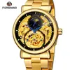 Reloj mecánico automático Forsining para hombre, informal, con correa de acero y fase lunar hueca tallada.