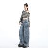Calça Workwear Retro Americana Novo Design Cintura Alta Costura Bolsos Múltiplos Corte Reto Solto Perna Larga