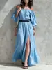Vestido Longo Feminino Europeu e Americano Amazon 2026 de Um Ombro Barra Larga Cinto Fenda Outono Nova Chegada com Cinto