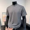 Nueva camiseta deportiva de manga corta elástica para hombre de verano, estructura de seda helada de secado rápido, camiseta de manga corta con cuello abierto de dos botones para hombre