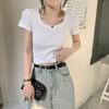 Camiseta de Manga Corta Ajustada para Mujer, Básica de Verano con Cuello en U Gris Redondo, Top Corto Versátil Adelgazante para Chicas Modernas