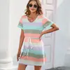 Tiro real en stock mono de rayas estampado con cuello redondo europeo y americano mono pijama de manga corta vestido casual