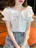 Blusa Fruncida Estilo Francés para Mujer, Diseño de Verano con Cordón Único, Top de Gasa con Mangas Abullonadas de Nicho