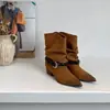 Botas femininas retrô francesas estilo coreano, bico fino, cano justo, com fivela de cinto, novidade outono 2026, elegantes, salto grosso, moda, tornozeleiras