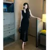Vestido Tricô com Decote V Recorte e Alças Estilo Resort de Verão para Mulheres, Slim Fit Sem Mangas Saia Longa