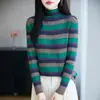 Top básico versátil de punto fino suave de color contrastante vibrante de moda, cuello medio alto, manga larga, para primavera y otoño, temperamento casual