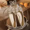 Novos Sapatos de Casamento Borboleta Cor Champanhe 2025 para Mulheres, Bico Fino Salto Baixo Salto Alto