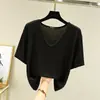 Camiseta texturizada de corte holgado, top de verano estilo coreano, blusa de modal, estilo corto de manga corta con nuevo cuello en V para mujer