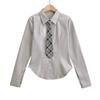 Camisa de Manga Larga con Cinturón Bordado Estilo Universitario Americano para Mujer, Diseño de Moda, Corte Ajustado, Dobladillo Curvo