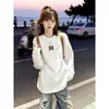 Camiseta de Algodão Puro Estilo Americano Chique Simples Manga Longa para Trabalho Feminino Outono Solta Gola Redonda Estampa Criativa Top para Casal Masculino