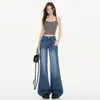 Jeans de pierna ancha acampanados de tiro bajo estilo americano azul súper retro con patrón de bambú de alta resistencia, buen ajuste y; Pantalones extralargos
