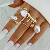Moda Transfronteriza Europea y Americana Anillo Simple de Aleación con Perla Irregular Conjunto de Anillos Geométricos Apilables Retro
