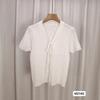 Novo Top Feminino de Verão Elegante Slim Curto com Laço de Botão Único Tendência Pequeno Cheiro Decote V Manga Curta Camiseta de Tricô