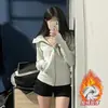Sudadera corta tipo chaqueta de 9 colores ajustada para mujer, perfecta para atuendos de primavera, con diseño de hombro normal, con capucha, estilo deportivo, ceñida en la cintura, top corto y chaqueta corta para primavera