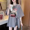 Camiseta de Algodón Puro con Cordones, Parches, Mangas Cortas Sueltas para Mujer con un Diseño Moderno, Top Estampado de Longitud Media que Cubre las Caderas, Cuello Redondo