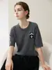Luxo Leve Fofo Panda Jacquard Caxemira Manga Curta Feminino Gola Redonda Solto Confortável Camada Base Desenho Malha