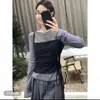 Top de manga larga de dos piezas falsas con bloques de color a la moda para mujer, nuevo estilo primavera/otoño 2026, con conjunto de pantalones de pierna ancha con cintura de corbata, moderno